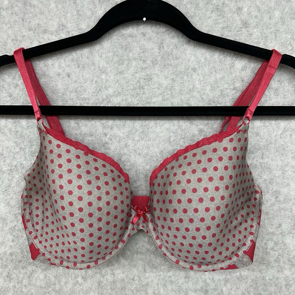 Victoria’s Secret Push‑Up T‑Shirt Bra 34DD Grey Red Polka Dot Smooth Comfort